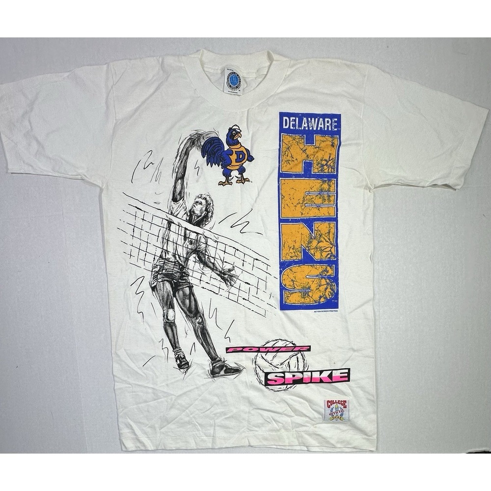 Vintage 90s Delaware Blue Hens Volleyball T-Shirt L White College NCAA Graphic